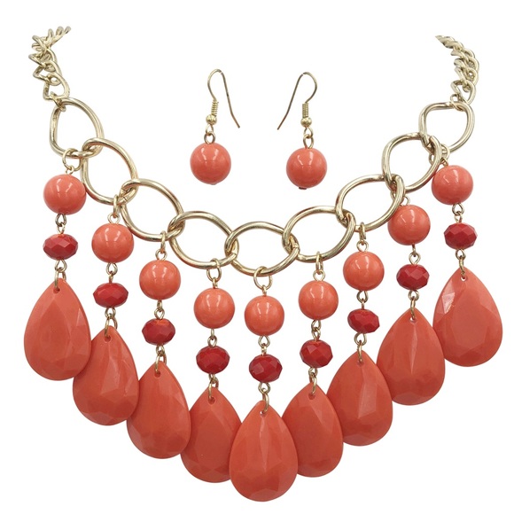 Coral Orange Dramatic Drop Necklace Earrings Set - Picture 1 of 3